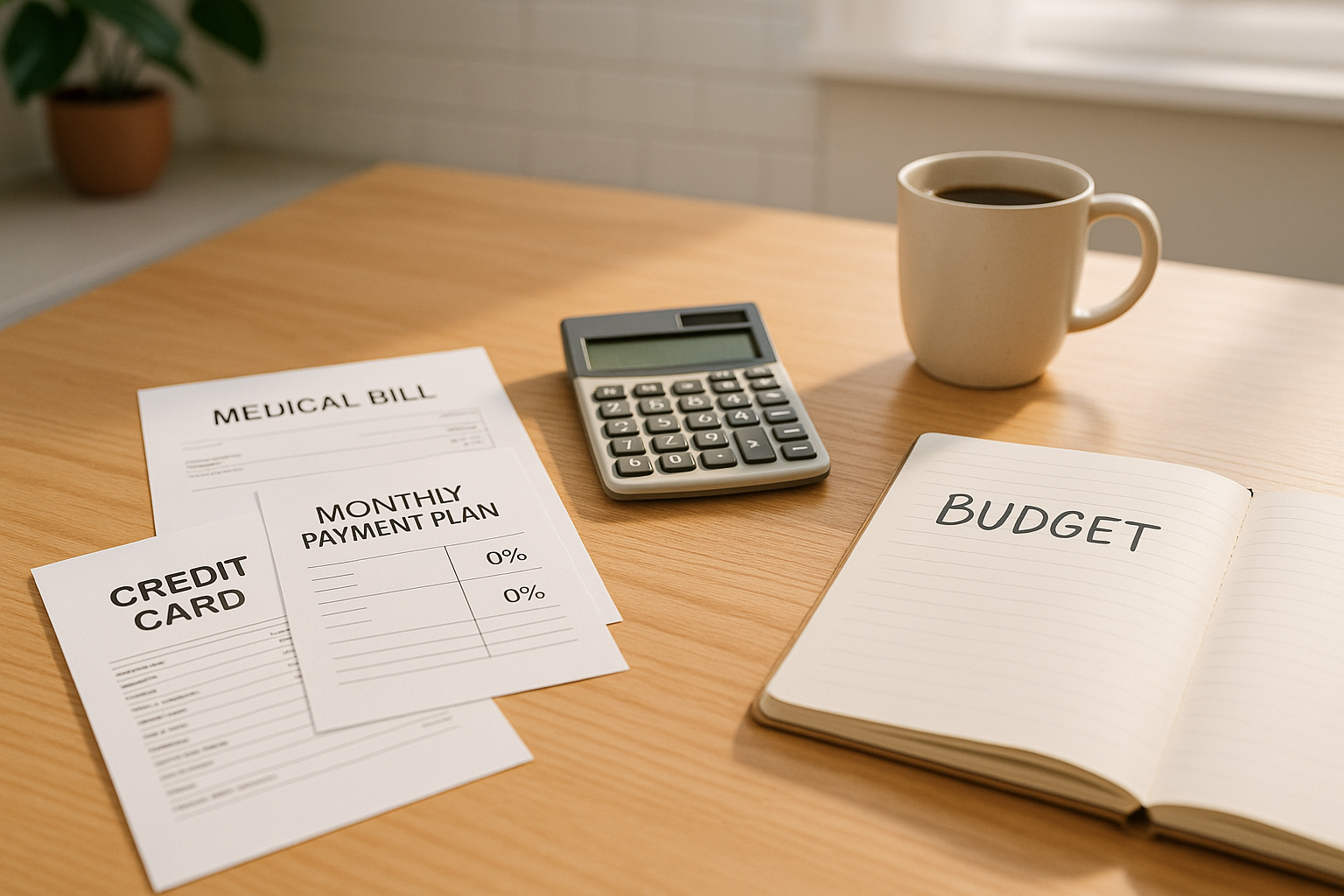 Medical bill, monthly payment plan, and credit card statement on a kitchen table