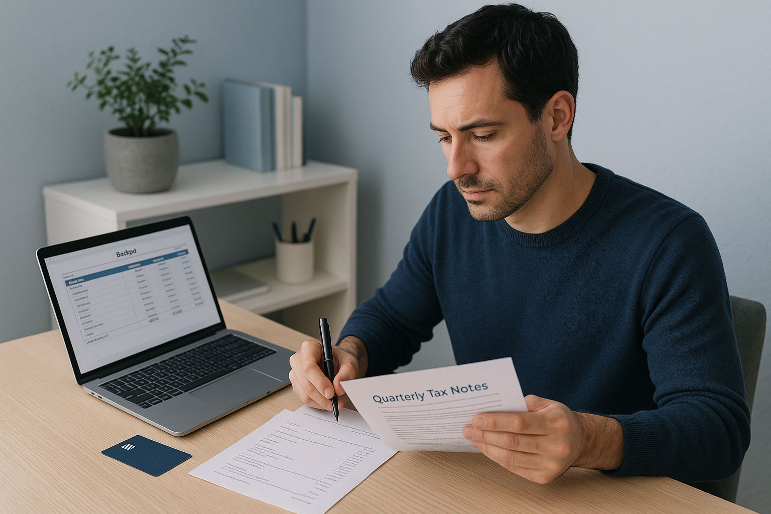 Self-employed worker planning quarterly taxes and credit card debt payoff at a desk