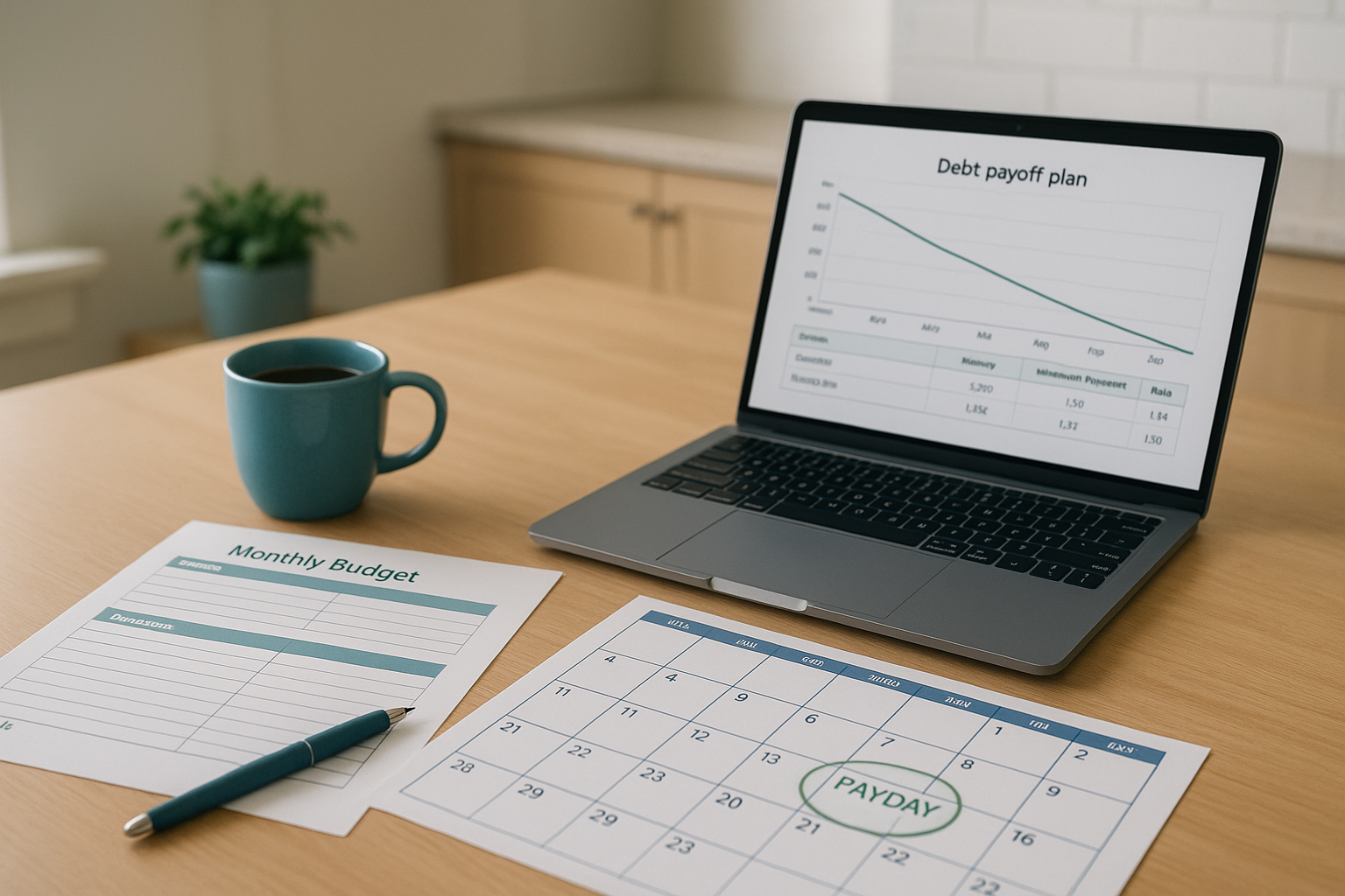 Monthly paycheck budget and debt payoff planning setup