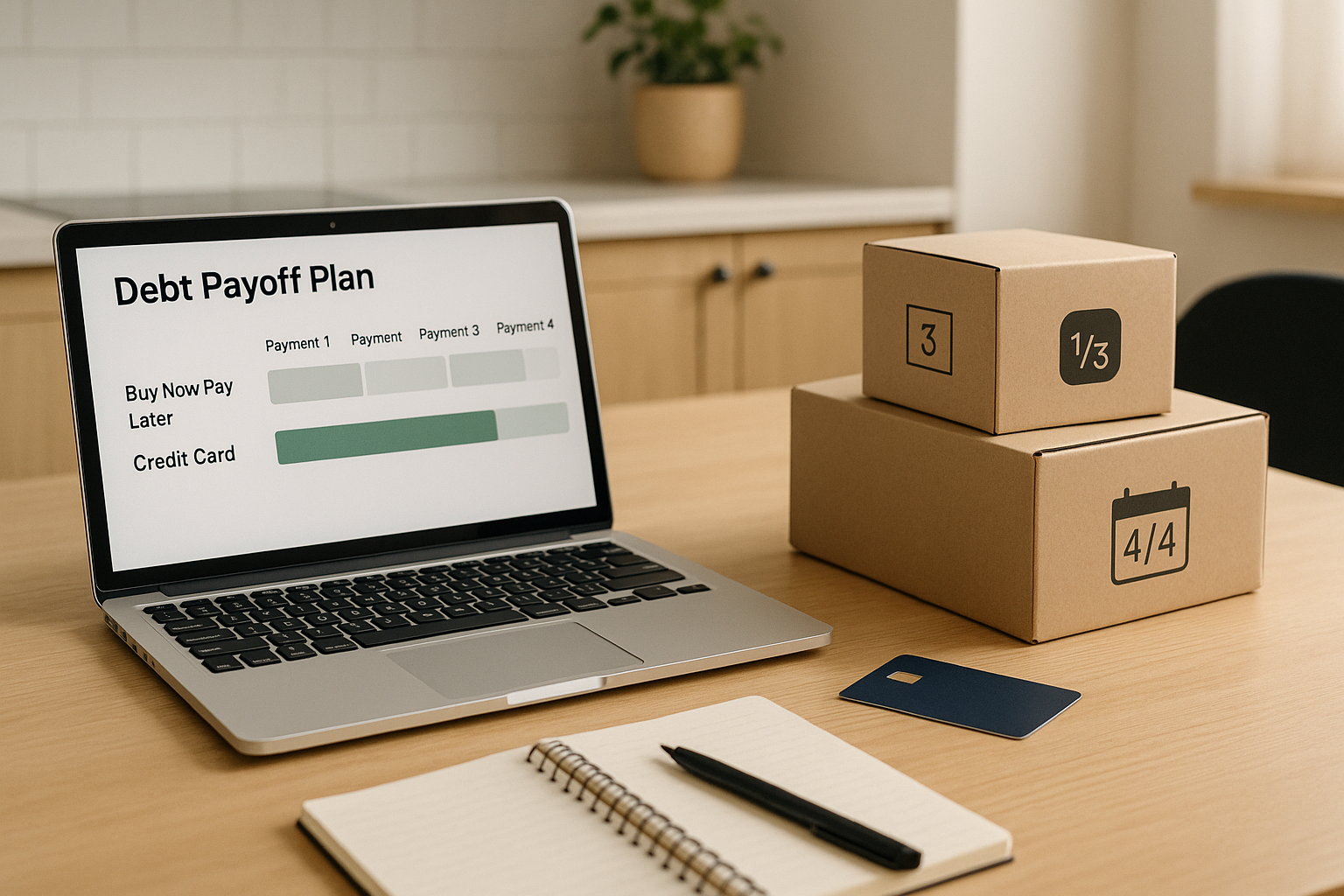 Debt payoff planning setup with shopping boxes and a credit card