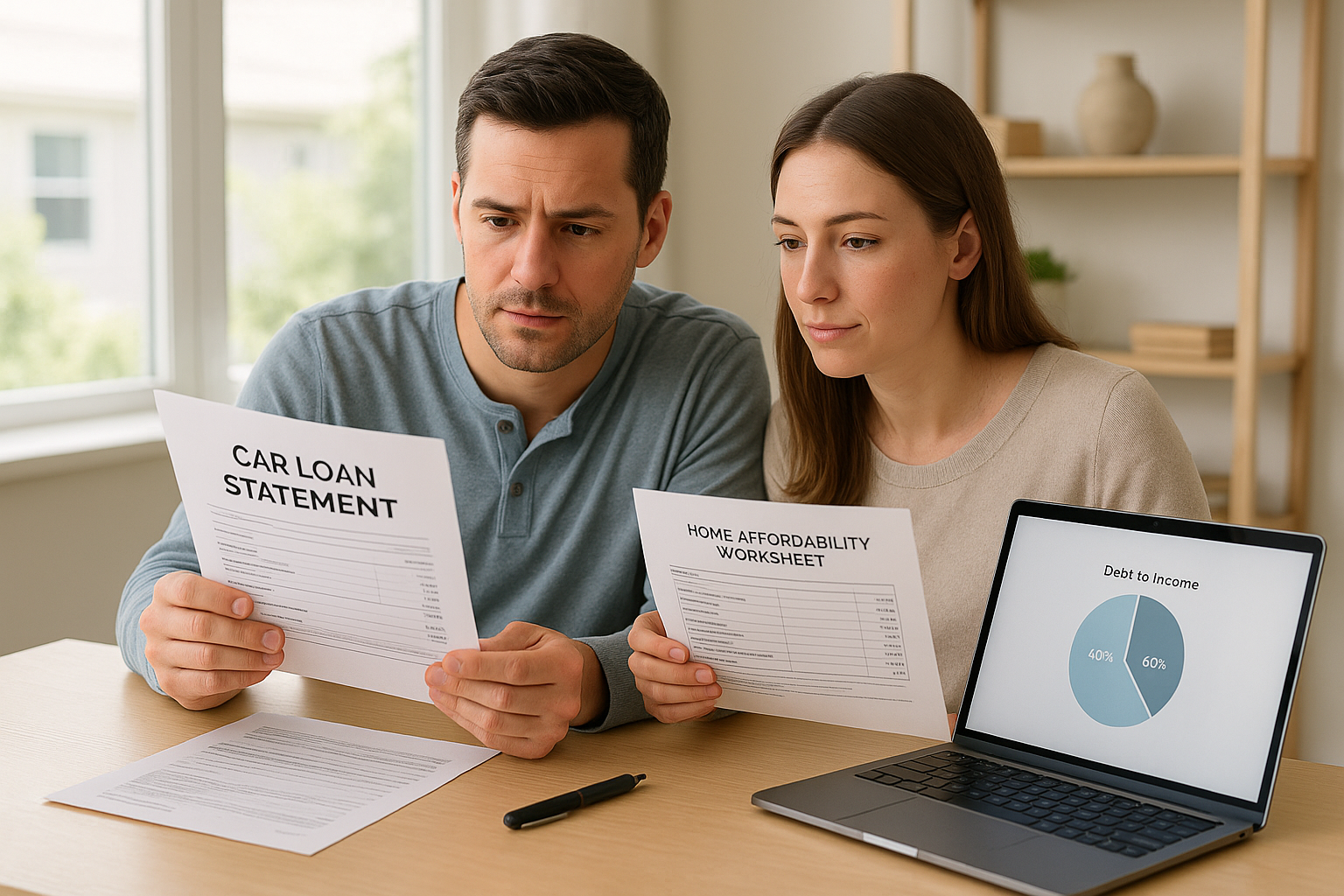 Household comparing a car loan payoff decision against a mortgage application budget on a laptop