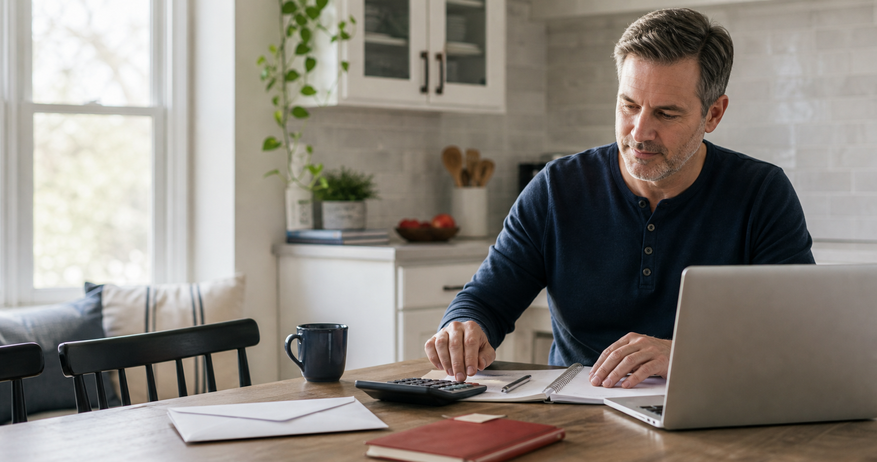 Borrower reviewing a student loan payoff plan at a kitchen table