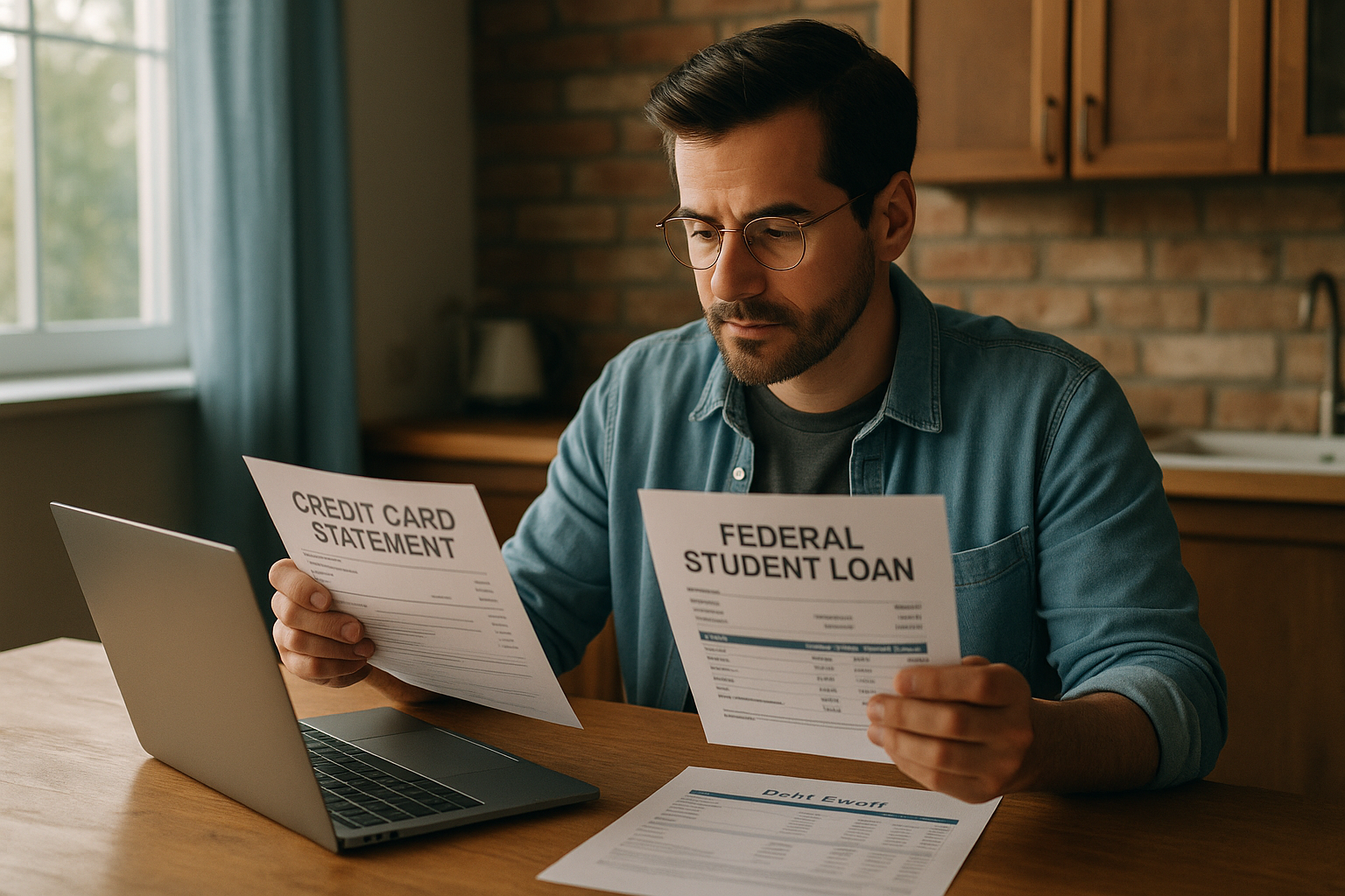 A person comparing a credit card bill and federal student loan statement while making a payoff plan at a kitchen table.