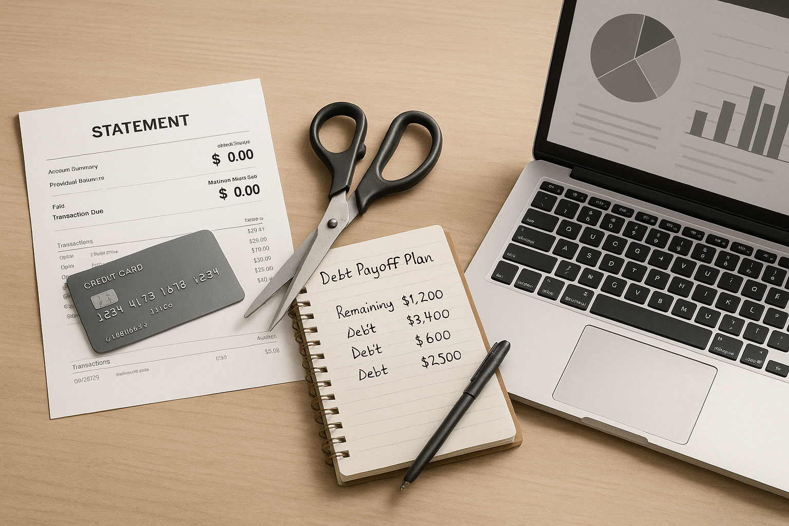 Paid-off credit card decision scene with a statement, notebook, and budgeting setup