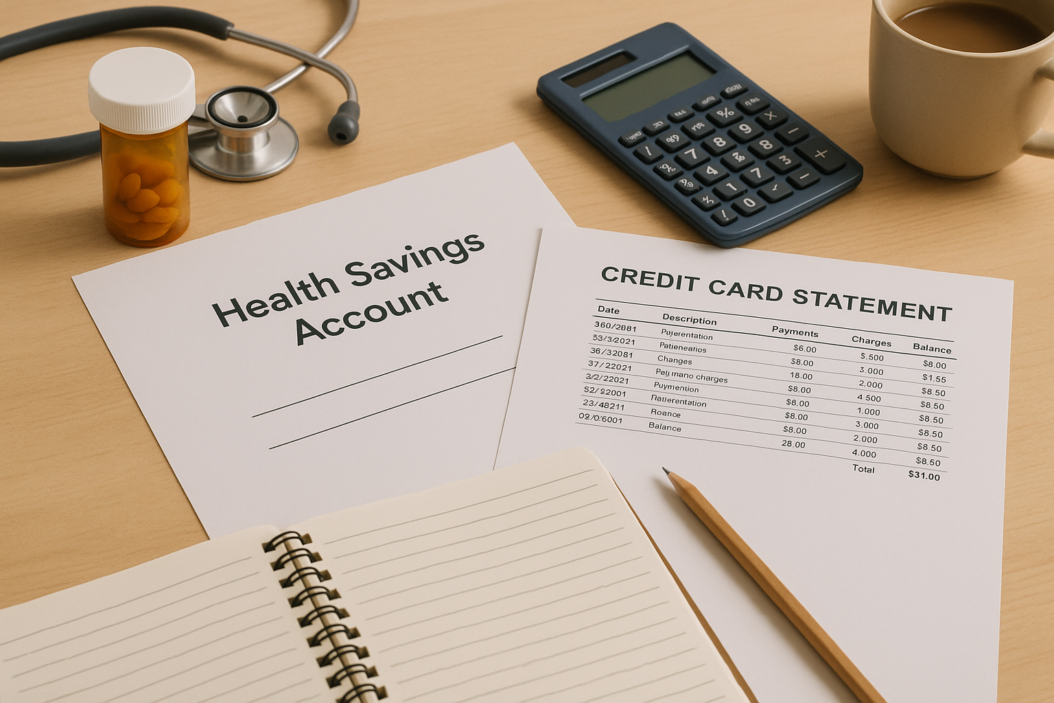 HSA documents and a credit card statement next to a budget plan
