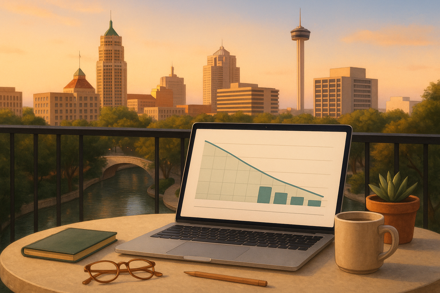 San Antonio skyline with a debt payoff planning setup