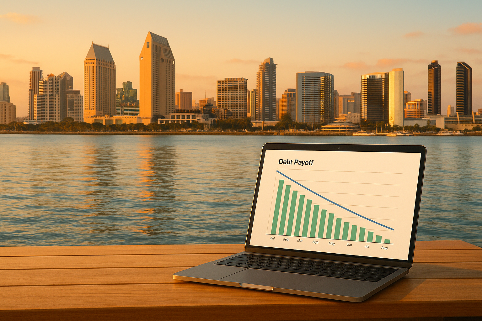 San Diego skyline with a debt payoff planning setup
