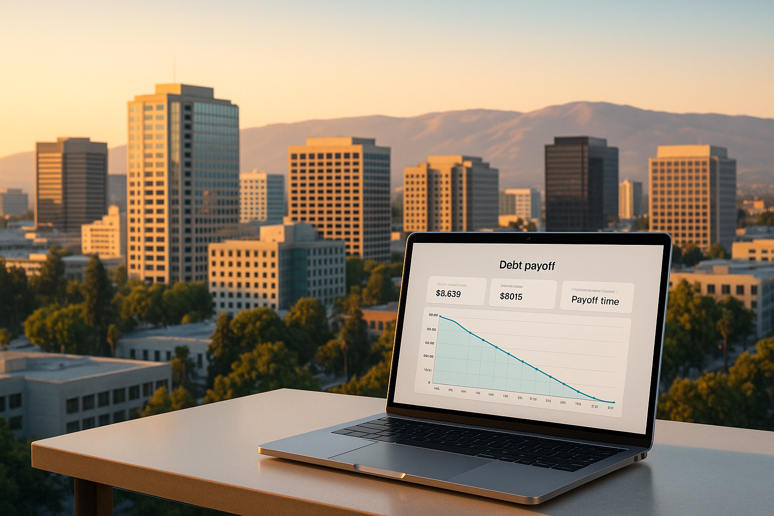San Jose skyline with a debt payoff planning setup
