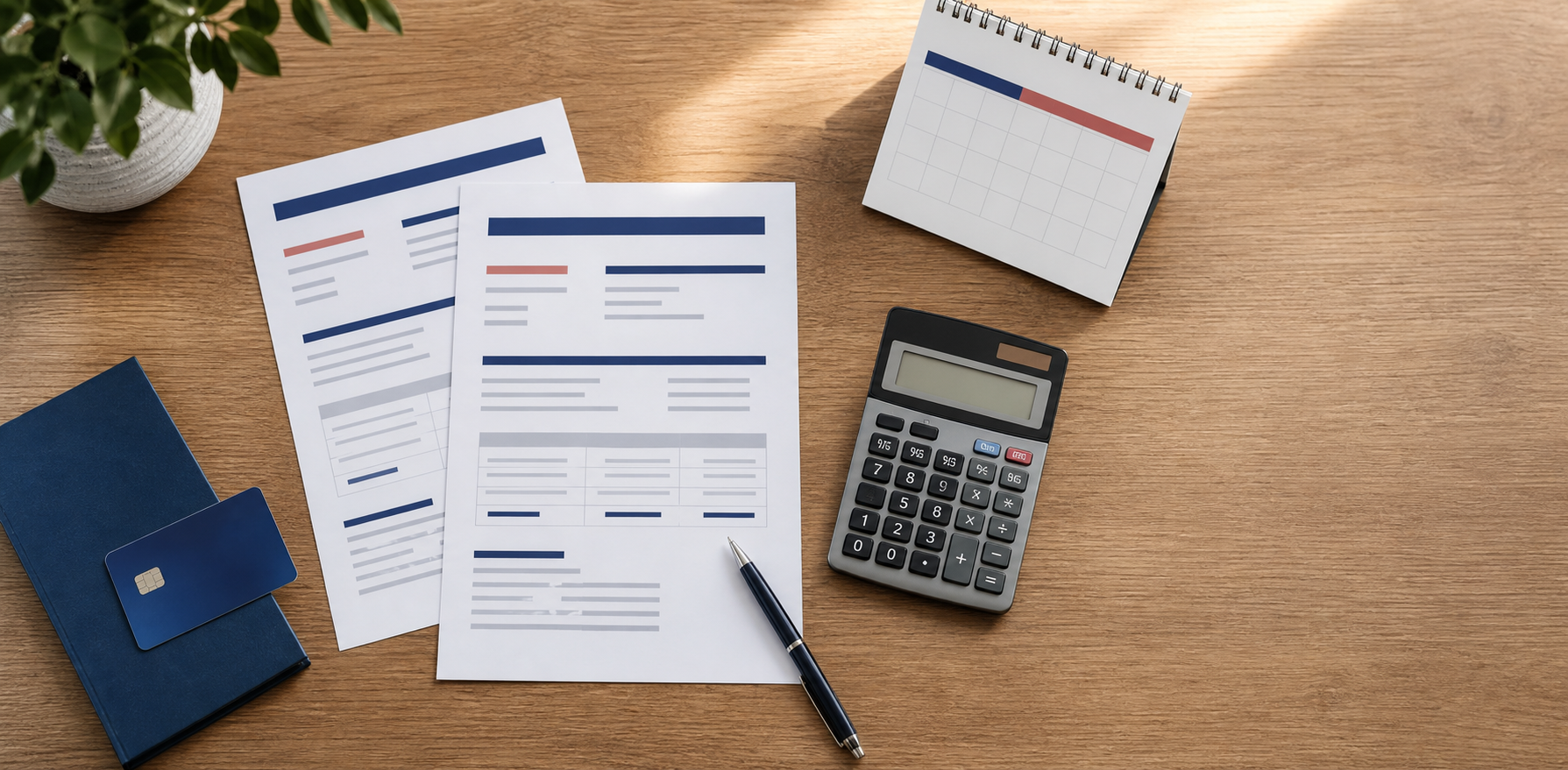Credit card statements, calculator, and calendar on a household desk